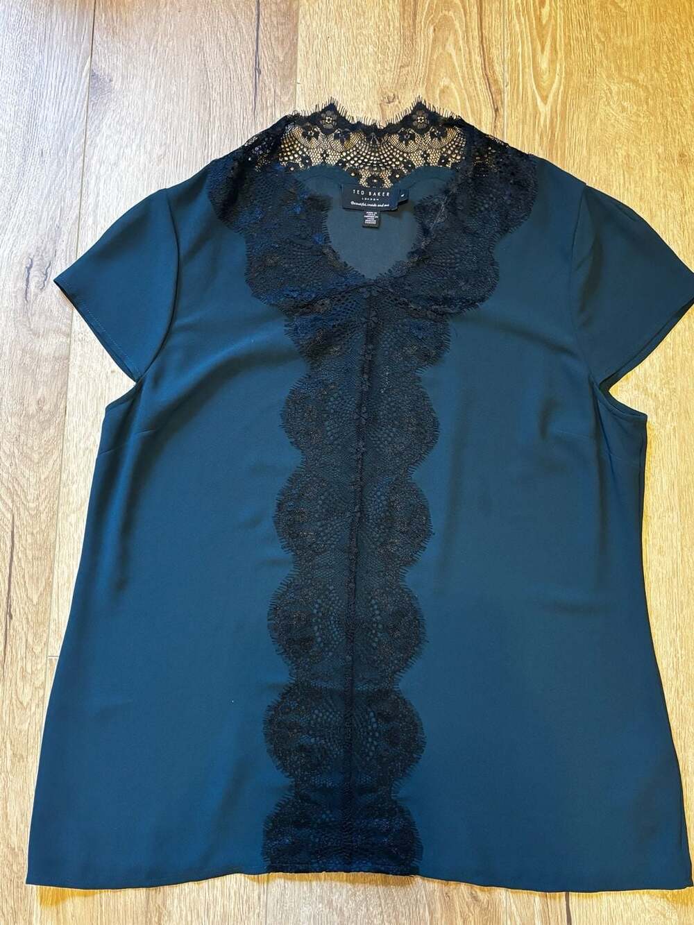 Ted Baker London Teal Green Lace-Trimmed Cap Sleeve Blouse Sizee 4 (US 10)